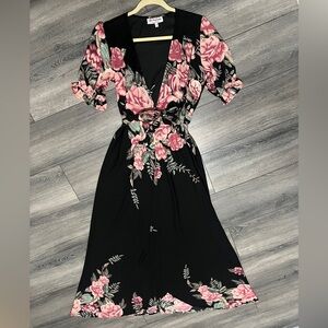 Black Floral Maxi Dress with Pink Roses — Wrap V-Neck